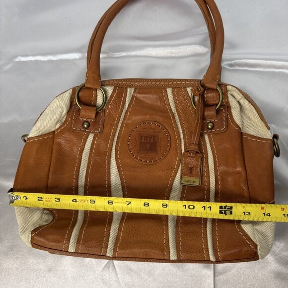 Frye Tan Leather & Canvas Mini Satchel Handbag With Double Handles & Zipper Clos - Picture 15 of 16